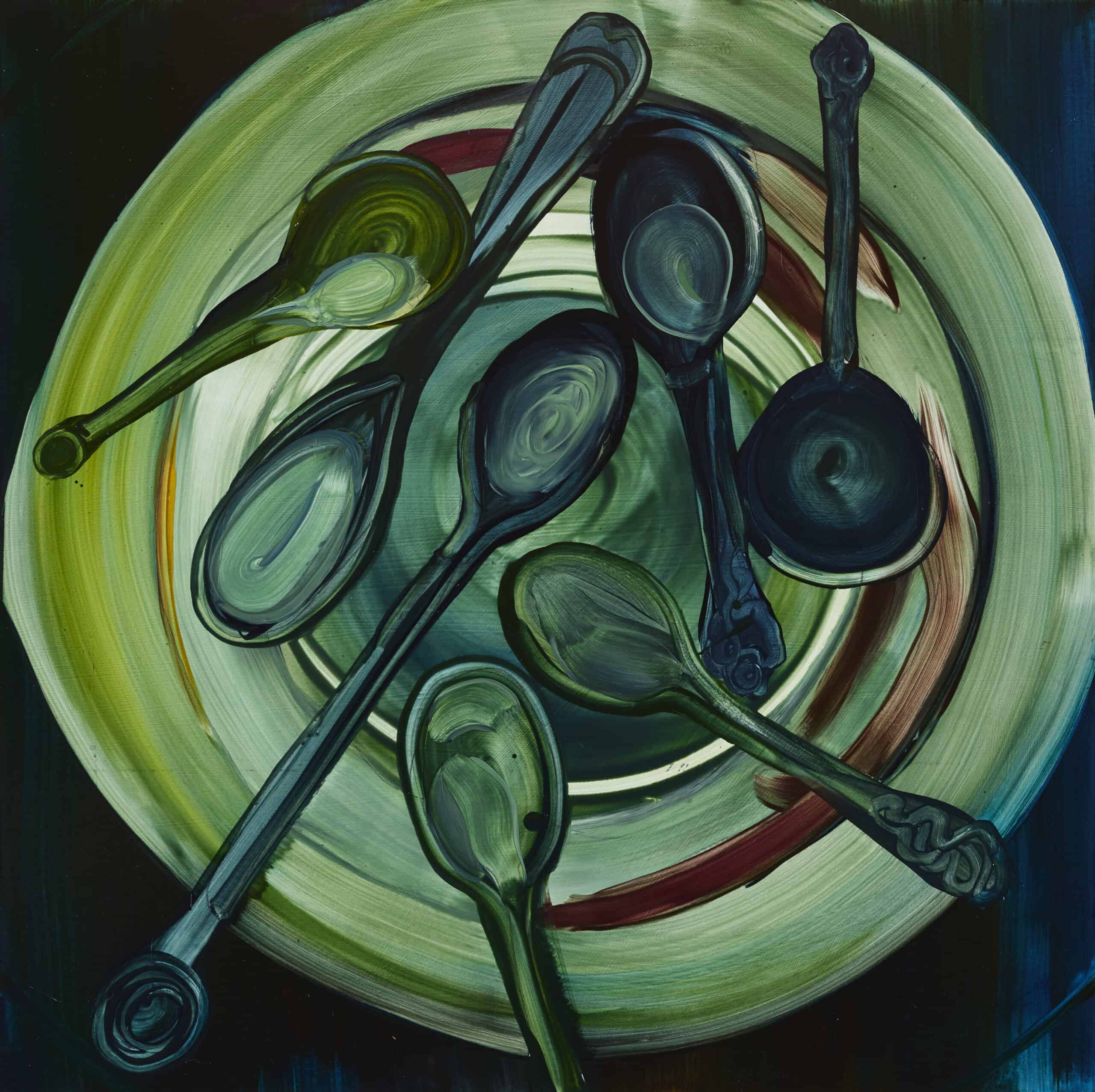 Still life painting showing a number of spoons sitting on a round dish.