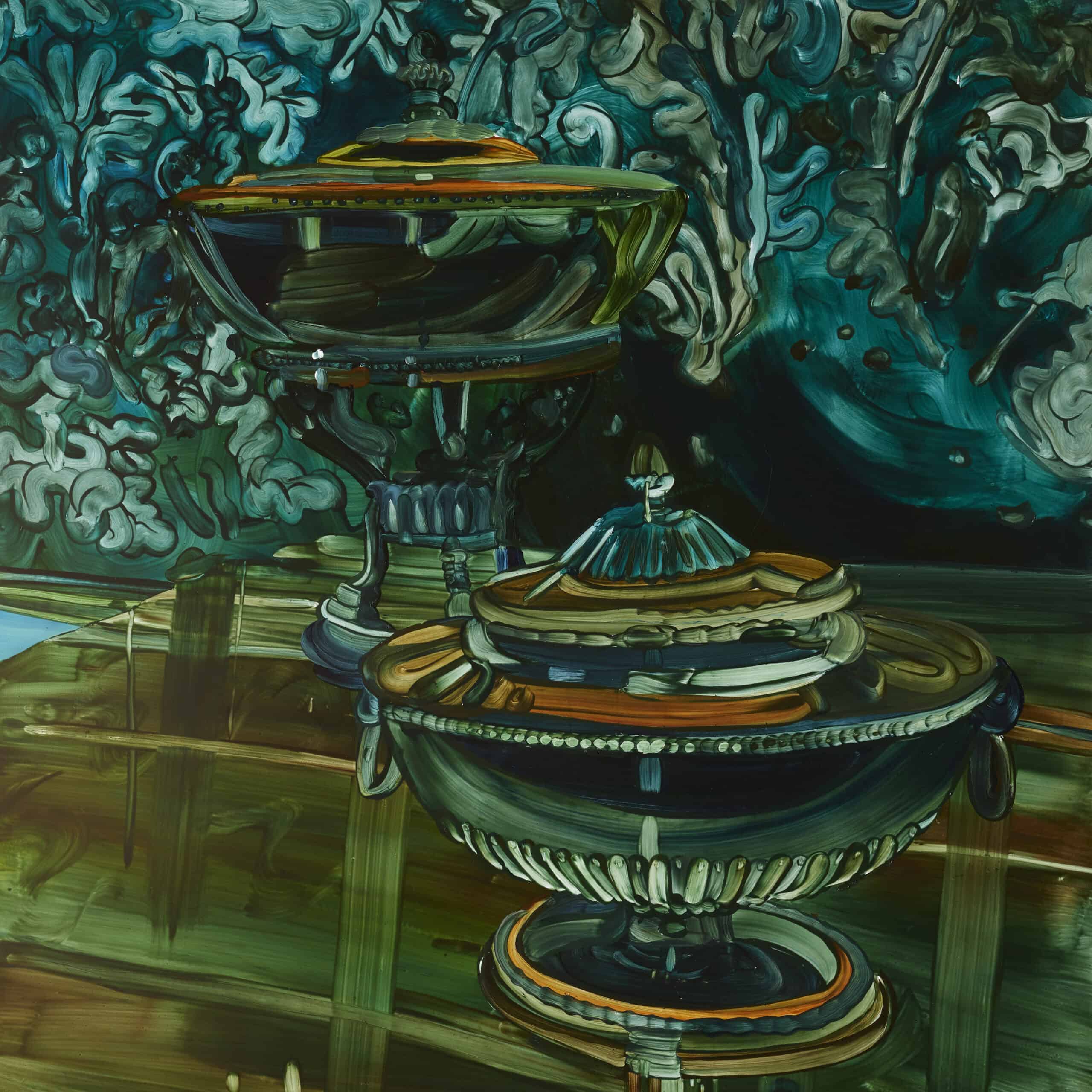 Painting showing two ornate tureens against a green patterned background