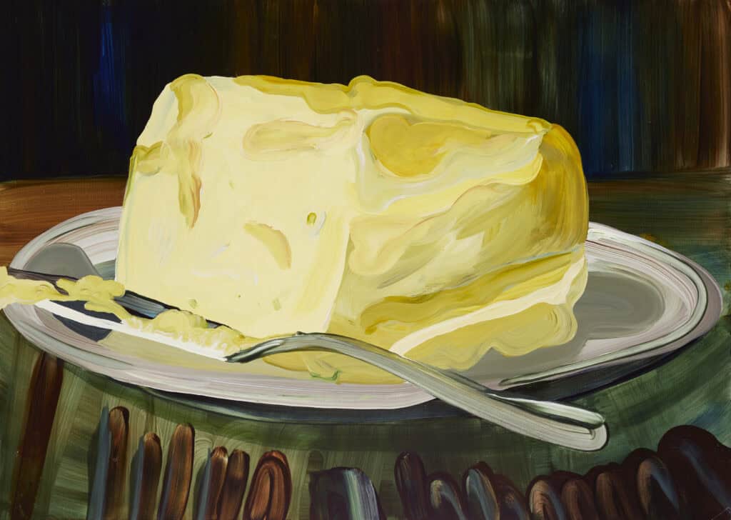 Still life painting showing a block of cheese on a plate